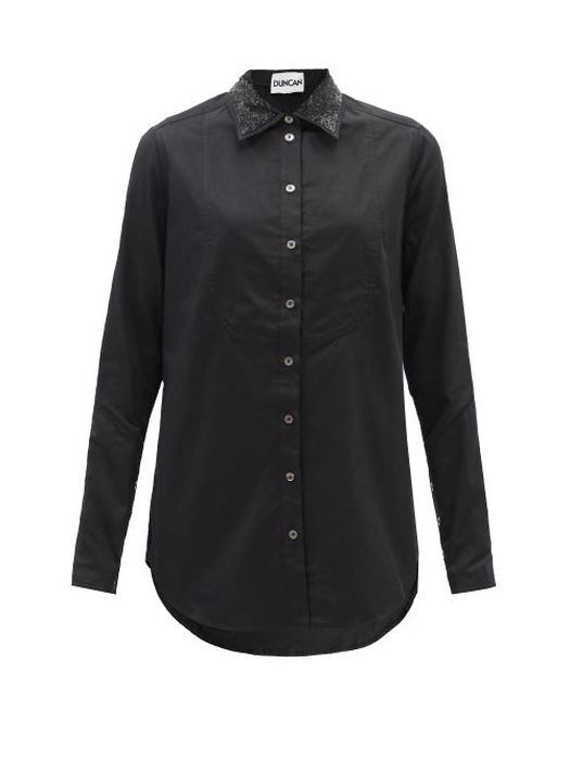 Duncan - Goldman Embellished-collar Cotton Longline Shirt - Womens - Black