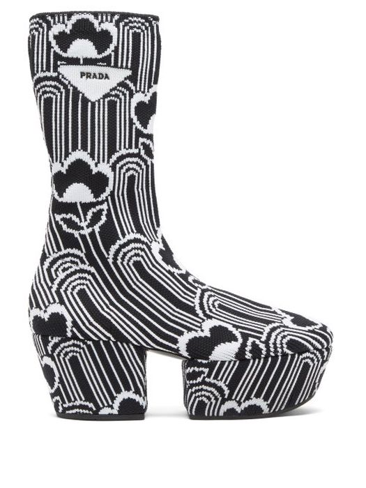 Prada - Floral-jacquard Platform Boots - Womens - Black/white