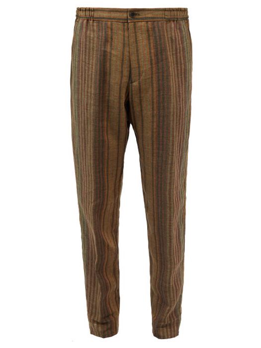 Etro - Striped Linen-voile Trousers - Mens - Brown