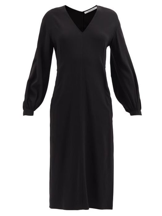 Another Tomorrow - V-neck Crepe Midi Dress - Womens - Black