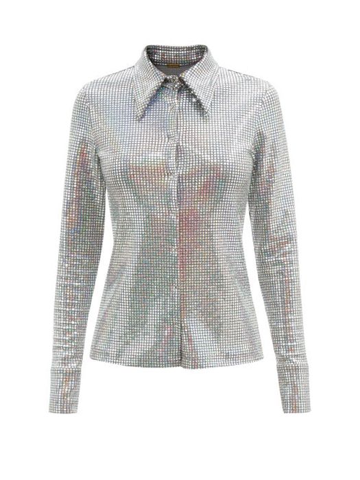 Dodo Bar Or - Ollie Spearpoint-collar Sequinned-jersey Shirt - Womens - Silver