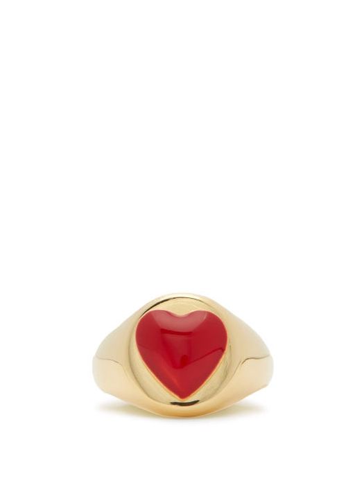 Wilhelmina Garcia - Heart Enamel & 18kt Gold-vermeil Signet Ring - Womens - Red Gold