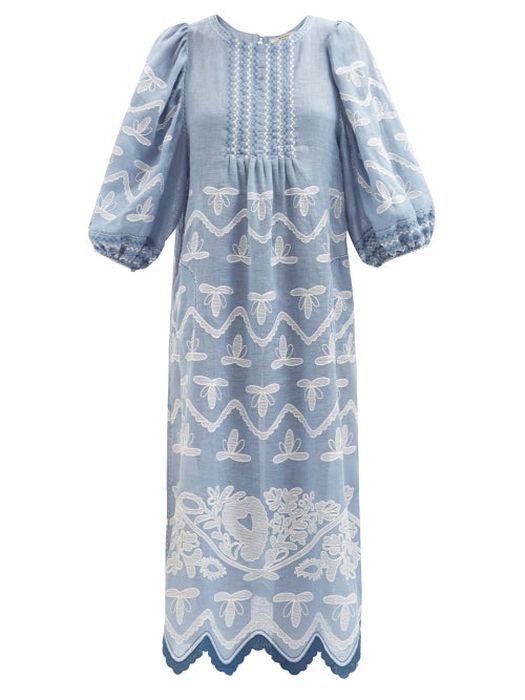 Vita Kin - Addicted To Love Embroidered Linen-voile Dress - Womens - Blue White