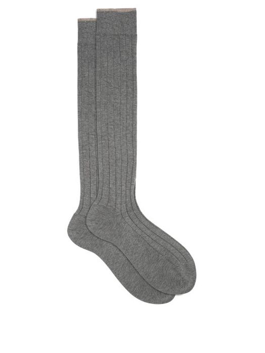 Brunello Cucinelli - Contrast-trim Ribbed Cotton Below-the-knee Socks - Mens - Grey