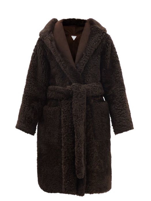 Bottega Veneta - Hooded Shearling Wrap Coat - Womens - Dark Brown