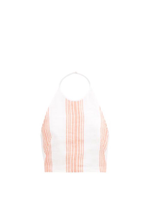 Three Graces London - Rosella Halterneck Striped Linen Top - Womens - Orange Stripe