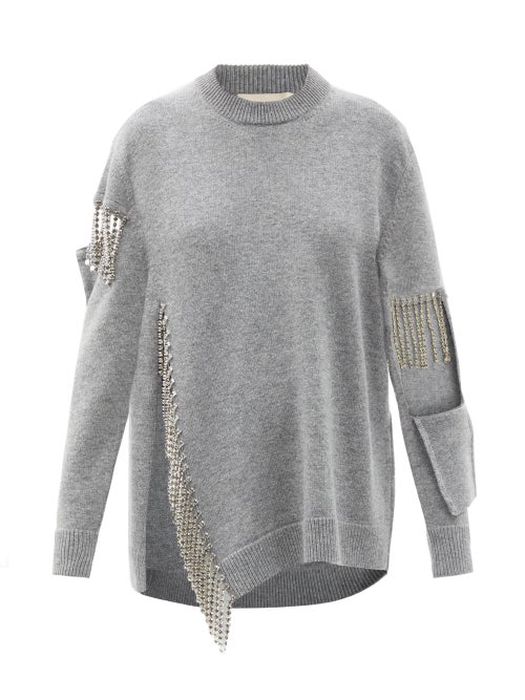 Christopher Kane - Crystal-fringed Cutout Wool Sweater - Womens - Grey