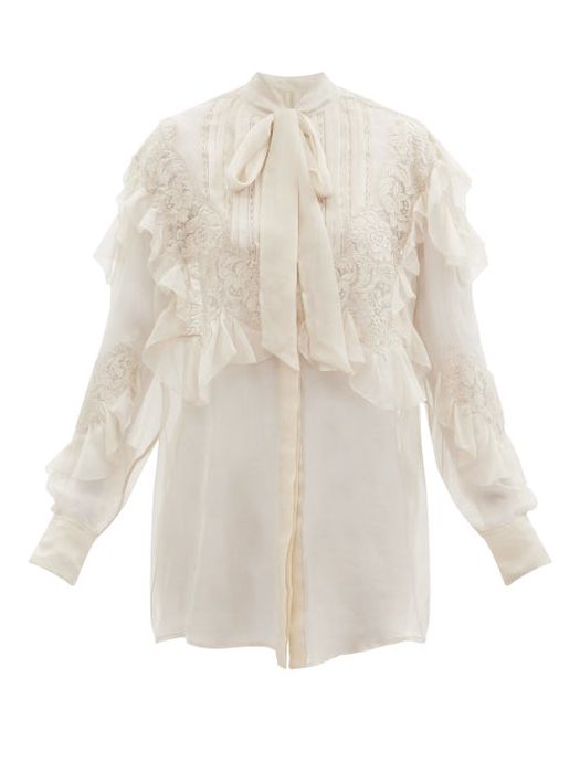 Valentino - Pussy-bow Lace-trimmed Silk-chiffon Blouse - Womens - Cream