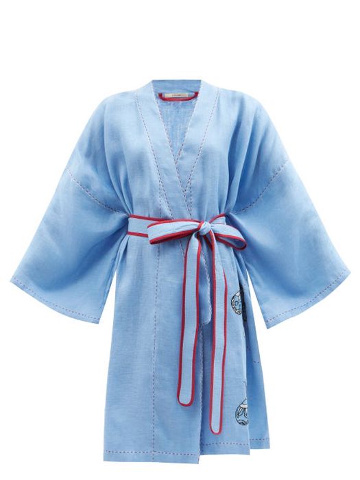 Vita Kin - Dragonfly-embroidered Linen Wrap Dress - Womens - Blue
