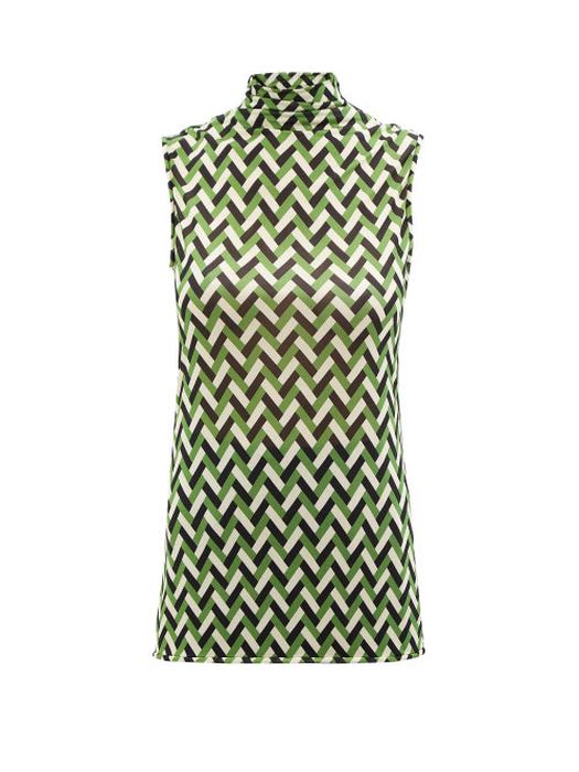 Jil Sander - Herringbone-print Silk-jersey Sleeveless Top - Womens - Green Multi