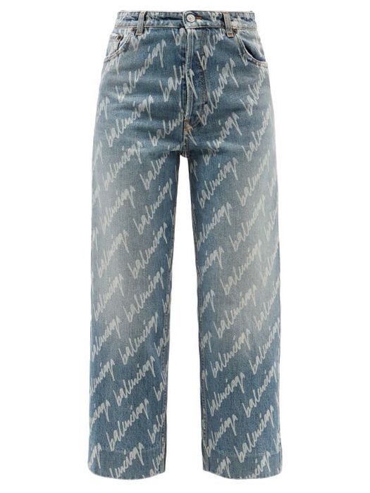 Balenciaga - Scribble-print Cropped Jeans - Womens - Light Denim