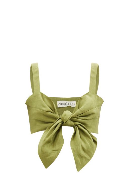 Casa Raki - Cala Tie-front Organic-linen Cropped Top - Womens - Green