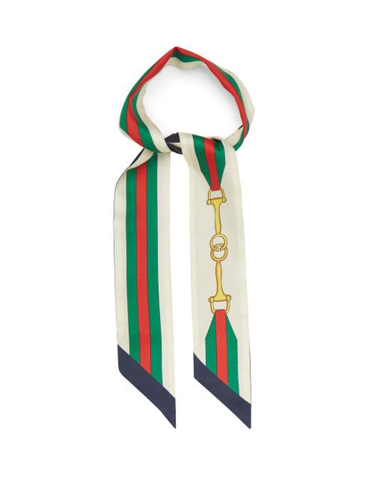 Gucci - Horsebit And Web Stripe-print Silk-faille Scarf - Womens - Ivory Multi