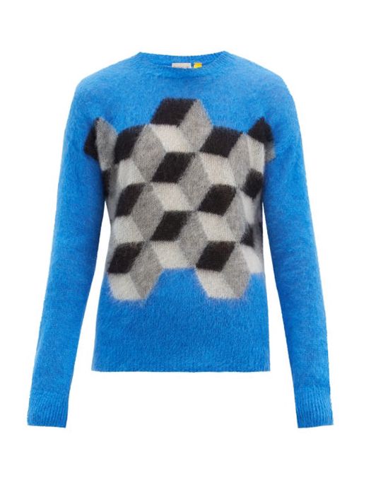 7 Moncler Frgmt Hiroshi Fujiwara - Tile-intarsia Mohair-blend Sweater - Mens - Grey