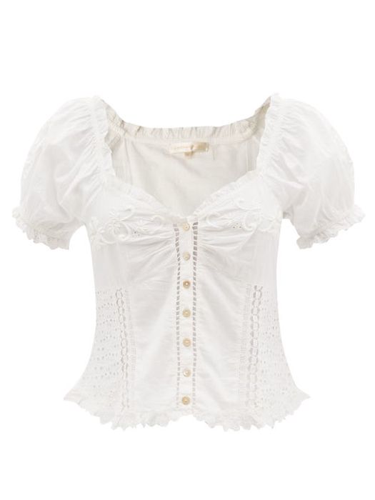 Loveshackfancy - Bryant Embroidered Broderie-anglaise Cotton Blouse - Womens - Off White