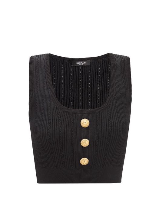 Balmain - Buttoned Rib-knitted Crop Top - Womens - Black