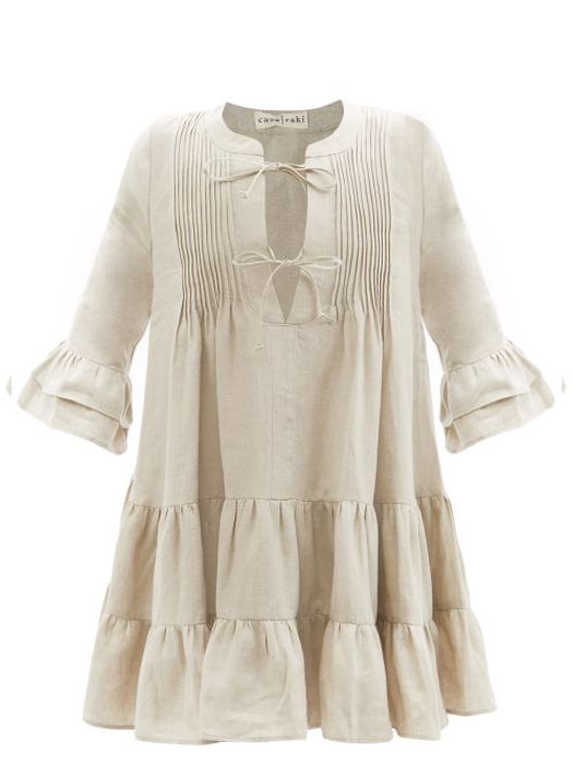 Casa Raki - Nina Tiered Organic-linen Mini Dress - Womens - Beige