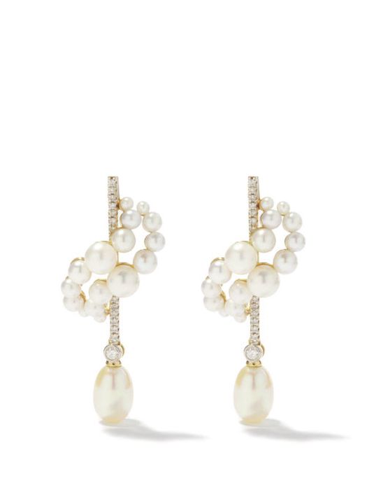 Mateo - Curve Diamond, Pearl & 14kt Gold Earrings - Womens - Pearl