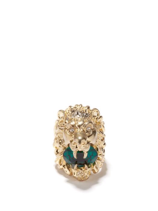Gucci - Lion Head Crystal Ring - Womens - Green Multi