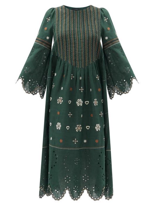 Vita Kin - Jacqueline Broderie-anglaise Linen Midi Dress - Womens - Dark Green