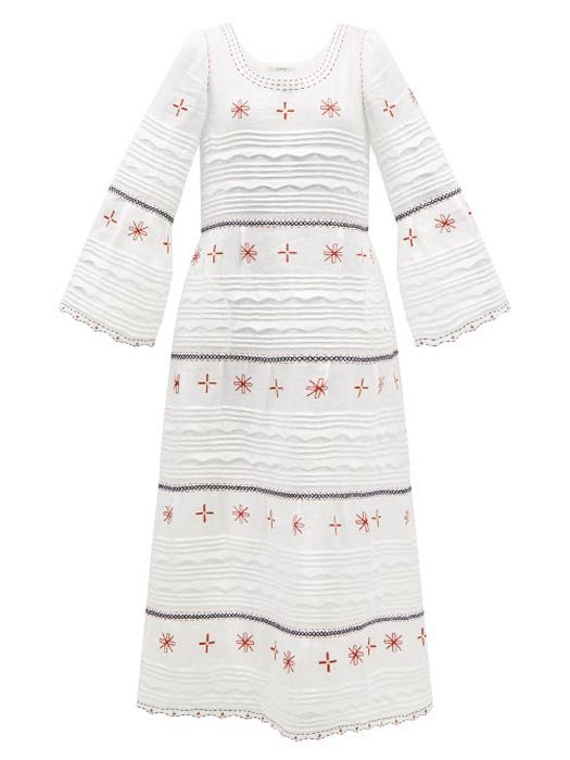 Vita Kin - Regina Embroidered-linen Midi Dress - Womens - White Multi