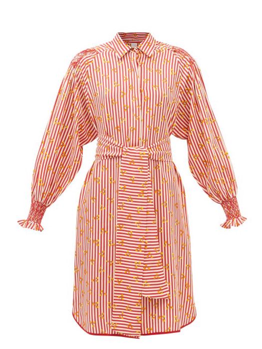 Loretta Caponi - Clorinda Floral-print Striped Dress - Womens - Red Print
