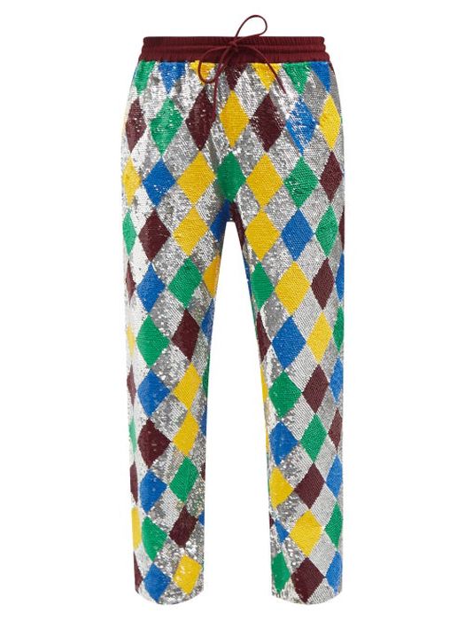 Ashish - Sequinned Harlequin Cotton Track Pants - Womens - Silver Multi