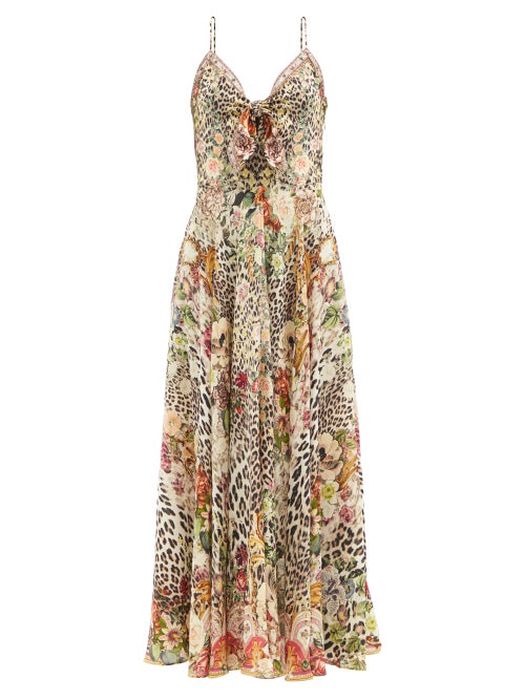 Camilla - Anarchy Leopard And Floral-print Silk Maxi Dress - Womens - Brown Print