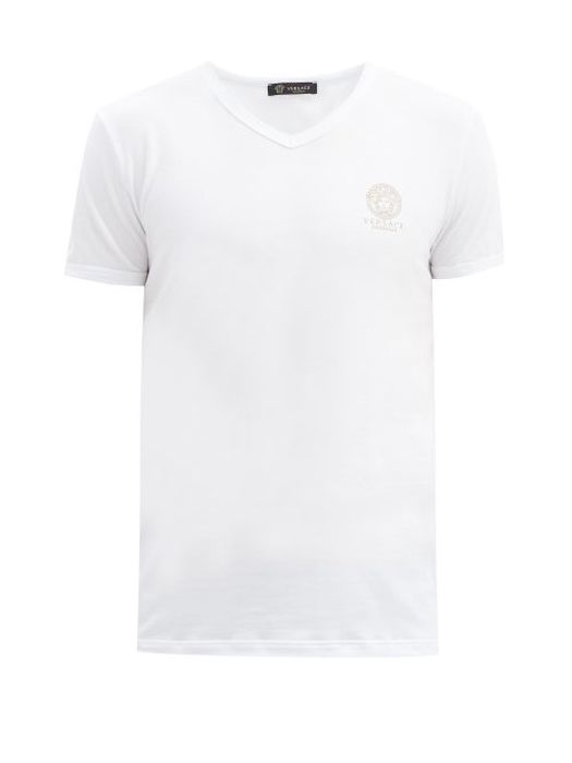 Versace - Medusa-print V-neck Cotton-blend T-shirt - Mens - White