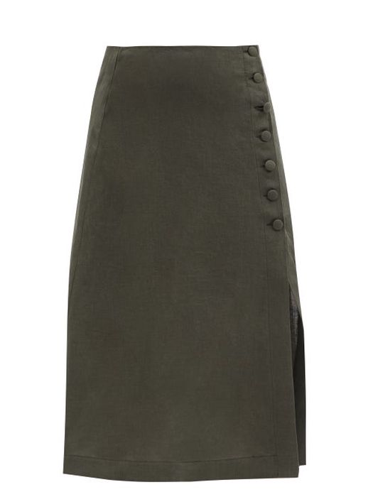 Casa Raki - Margarita Side-slit Linen Midi Skirt - Womens - Khaki