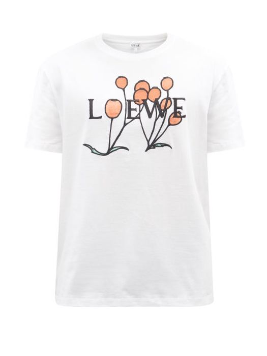 Loewe - Herbarium-logo Embroidered Cotton-blend T-shirt - Mens - White Multi