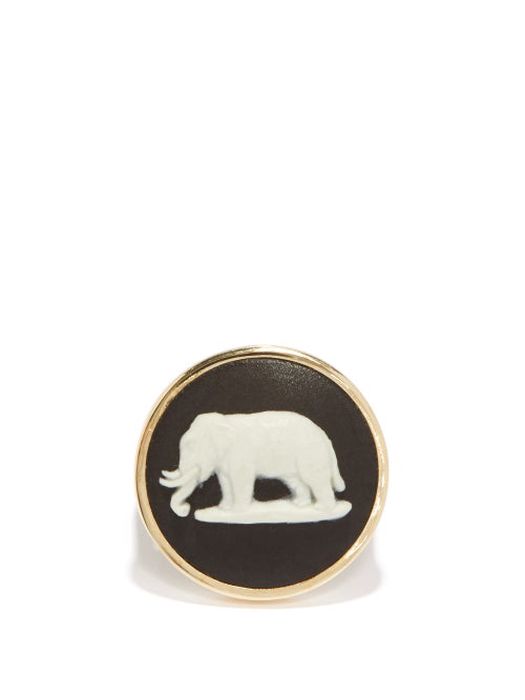 Ferian - Elephant Wedgwood Cameo & 9kt Gold Signet Ring - Womens - Black White