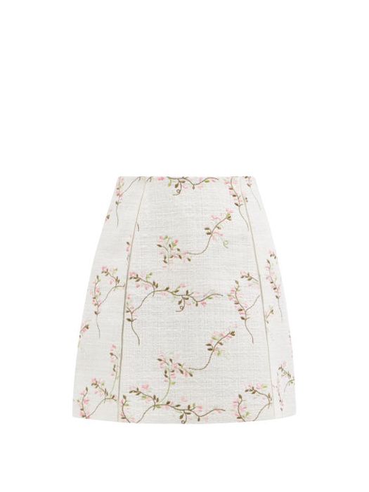 Giambattista Valli - Floral-embroidered Cotton-blend Bouclé Suit Skirt - Womens - Ivory Multi
