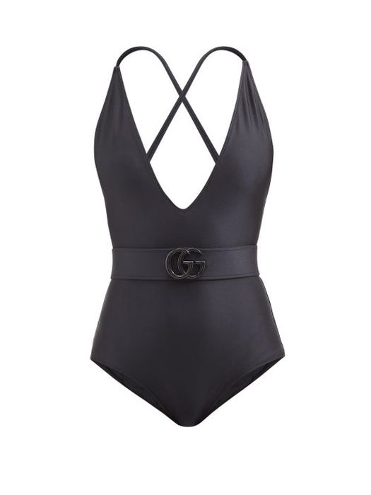 Gucci - GG-plaque Belted V-neck Jersey Swimsuit - Womens - Black
