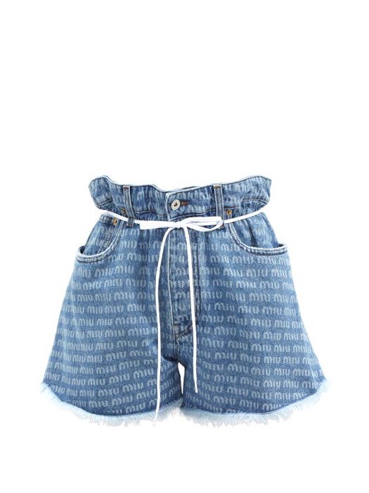 Miu Miu - Logo-print Paperbag-waist Denim Shorts - Womens - Denim