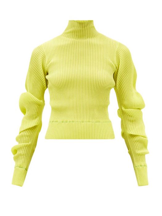 Bottega Veneta - Spiral High-neck Ribbed Silk Top - Womens - Yellow