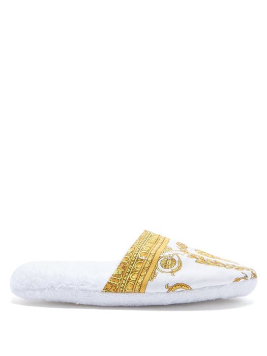 Versace - Baroque-print Cotton-terry Slippers - Mens - White Gold