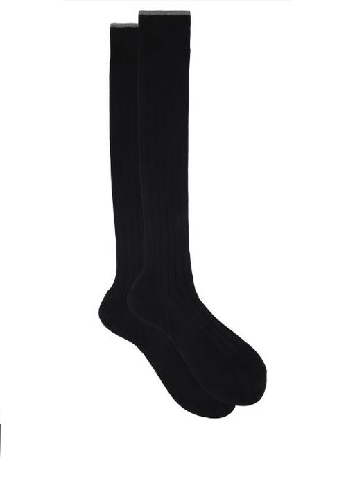 Brunello Cucinelli - Contrast-trim Ribbed Cotton Below-the-knee Socks - Mens - Navy