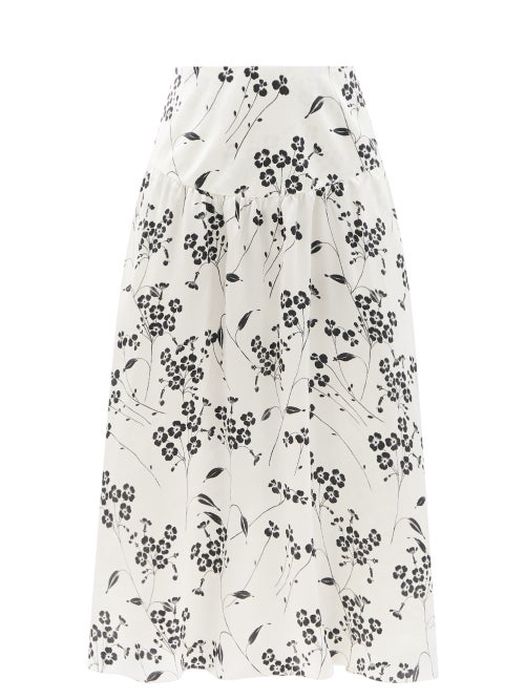 Julie De Libran - Gilda High-rise Floral-print Silk Midi Skirt - Womens - White Black