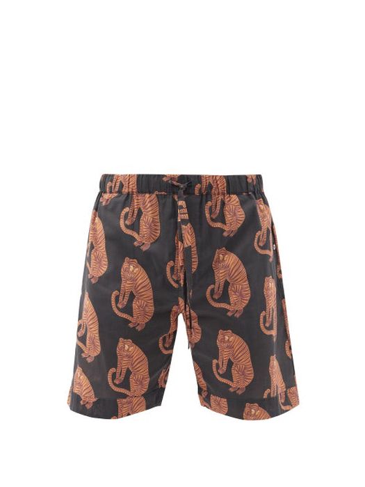 Desmond & Dempsey - Tiger Printed Pyjama Shorts - Mens - Black Orange