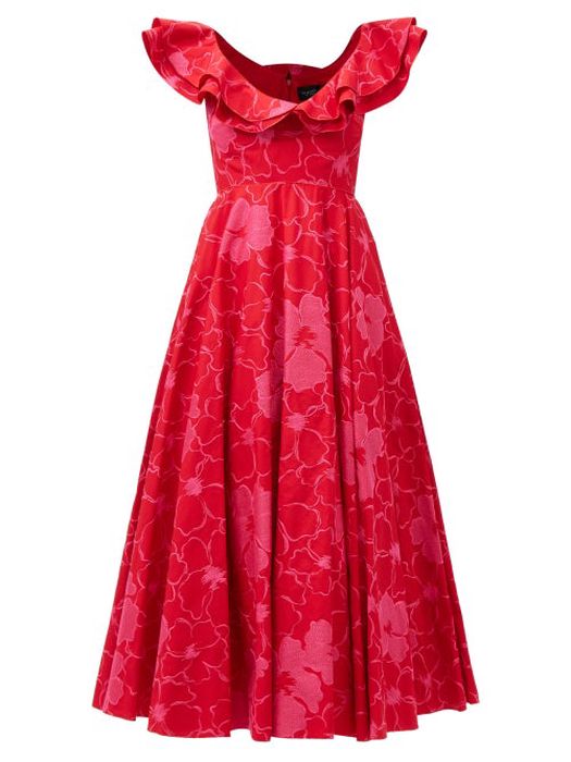 Giambattista Valli - Flounced-neck Floral Cotton-blend Poplin Dress - Womens - Red