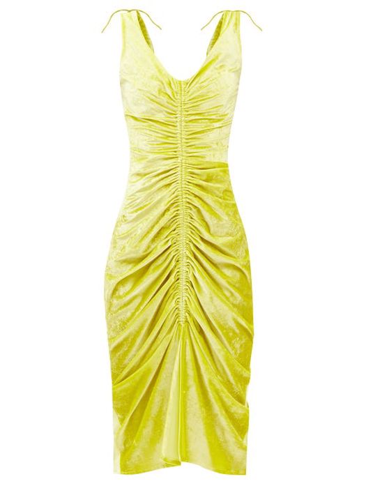 Bottega Veneta - Ruched Velvet Midi Dress - Womens - Yellow