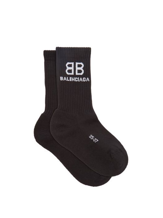Balenciaga - Logo-intarsia Ribbed Cotton-blend Socks - Womens - Black/white