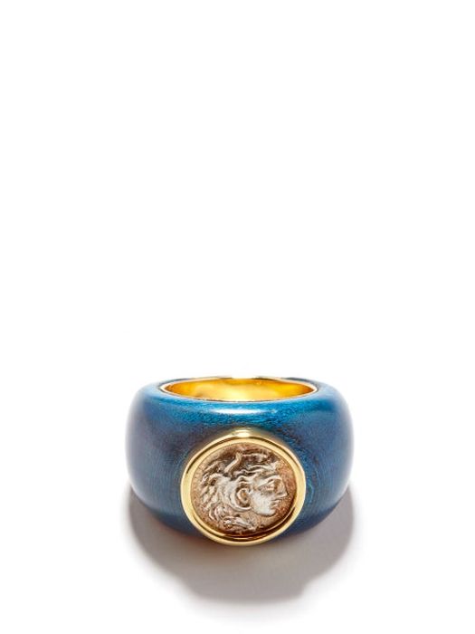Dubini - Alexander Coin, Wood & 18kt Gold Ring - Womens - Black Multi