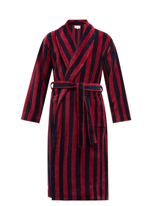 Derek Rose - Triton Belted Striped Cotton-blend Velour Robe - Mens - Red Multi