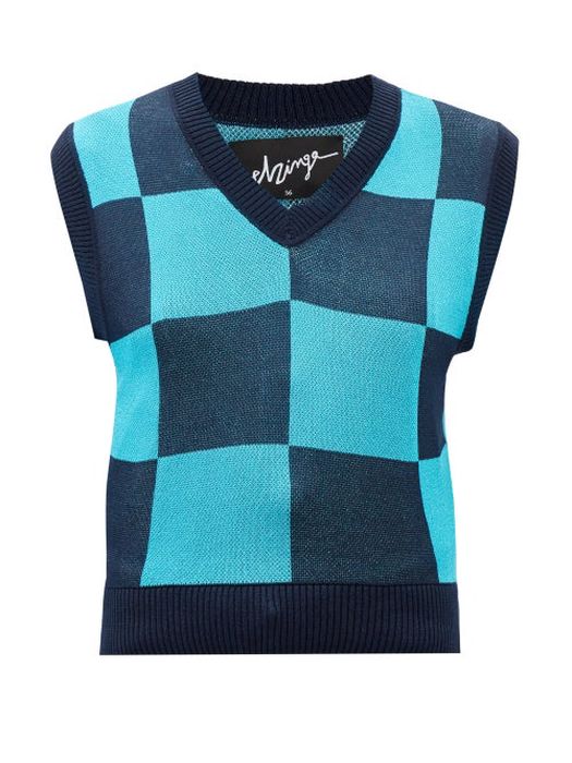 Elzinga - Checkboard-jacquard Sweater Vest - Womens - Blue Multi
