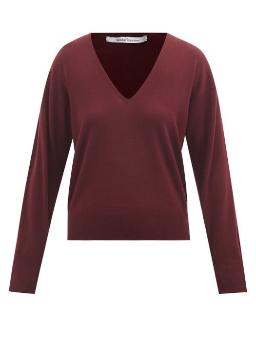 Another Tomorrow - V-neck Wool-blend Sweater - Womens - Burgundy
