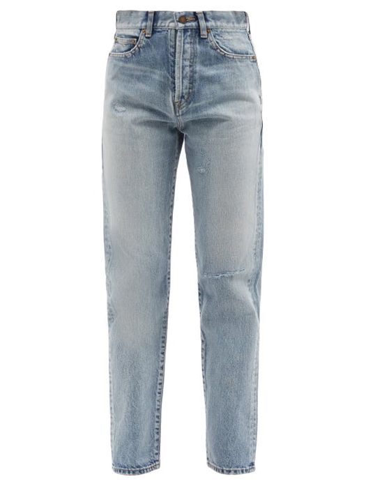 Saint Laurent - Distressed High-rise Slim-leg Jeans - Womens - Light Denim