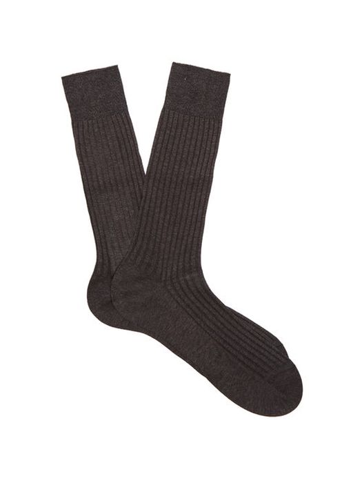 Pantherella - Danvers Ribbed-knit Cotton-blend Socks - Mens - Dark Grey