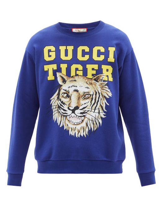 Gucci - Gucci Tiger-print Cotton-jersey Sweatshirt - Mens - Dark Blue